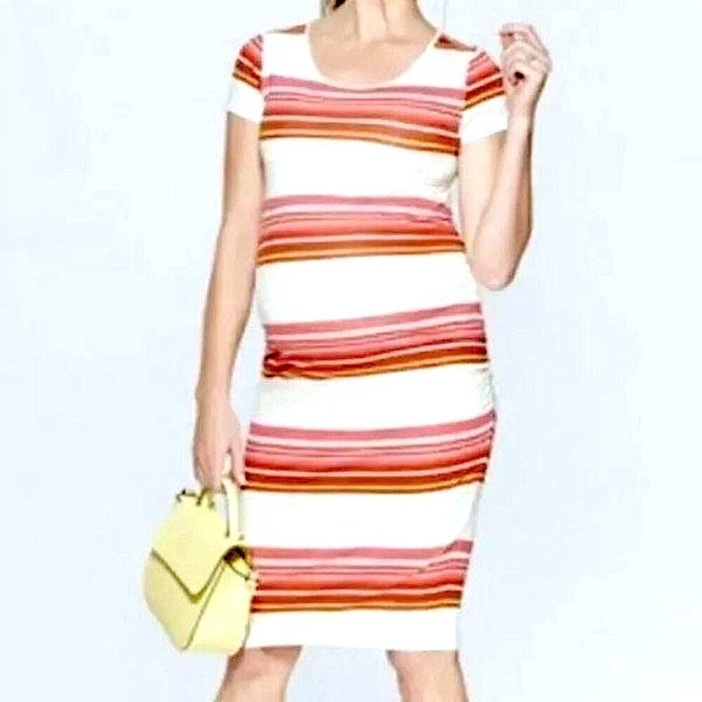 Isabel Maternity Stripe T-Shirt Dress Ruched Sides Short Sleeve L Pink White